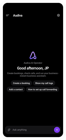 Audiva Mobile home: create a booking, show call logs, add a contact, or set up call forwarding